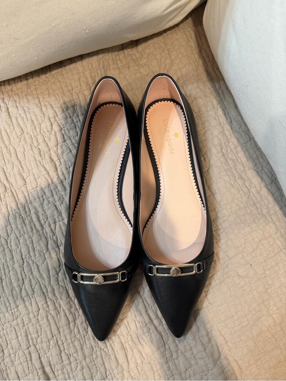 kate spade Black Pointed-Toe Ballet Flats with Metal Bit